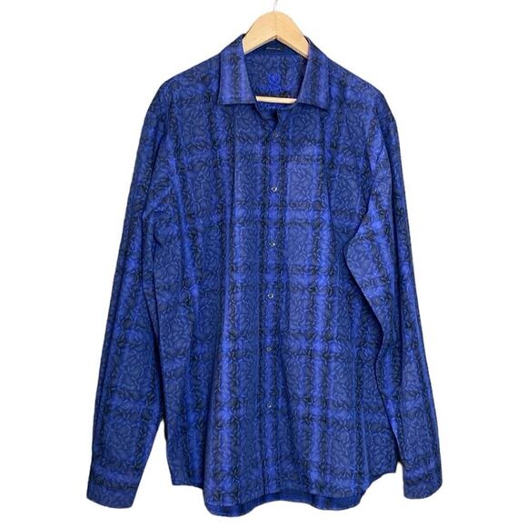 Bugatchi Uomo Dark Blue Medium Blue Plaid Paisley Print Button Down Dress Shirt - Picture 1 of 15